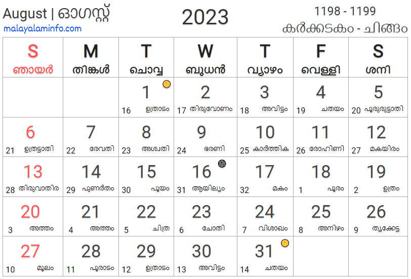 Malayalam Calendar 2023 August