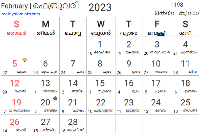 Malayalam Calendar 2023 February
