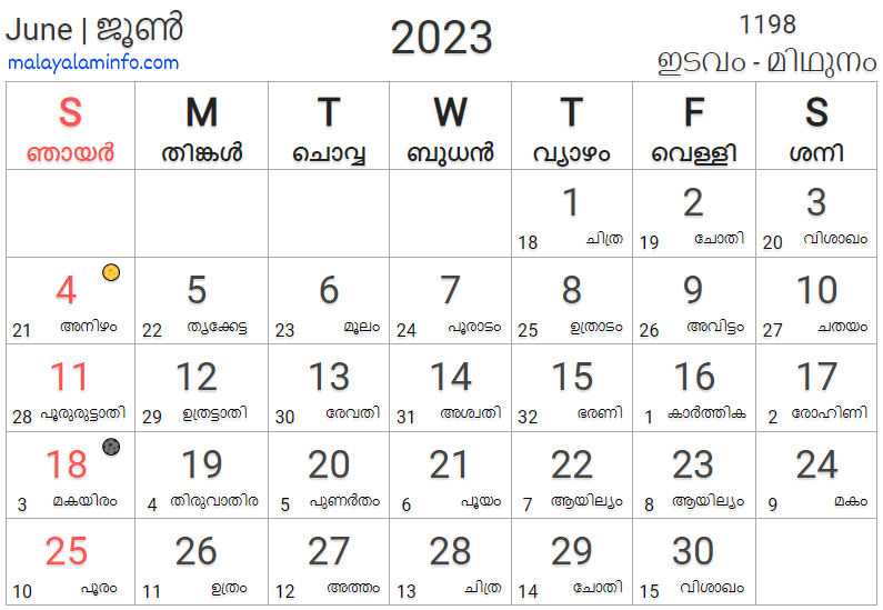 Malayalam Calendar 2023 June