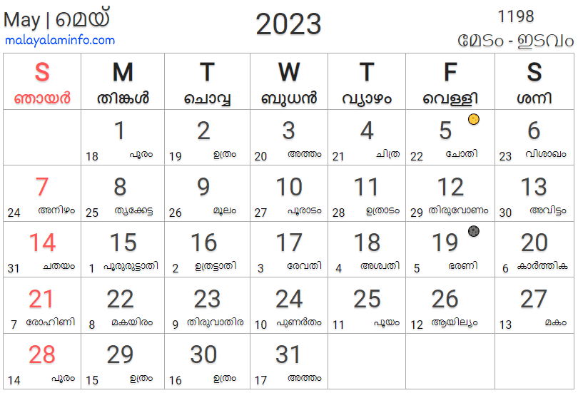 Malayalam Calendar 2023 May