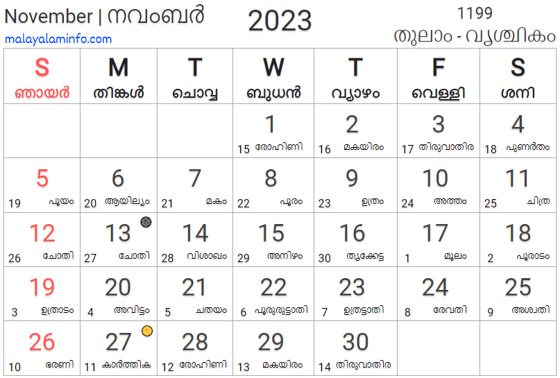 Malayalam Calendar 2023 November